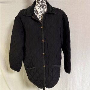 Women's Black Quilted Silk Utility Chore Coat Vintage Oversized Equestrian